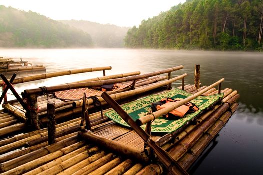 Bamboo raft for rent to tourists.