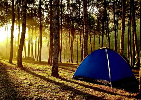 People to extend a tent on the hill to watch sunset.