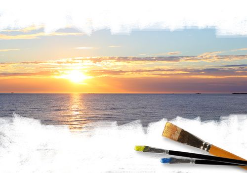 Picture of sunny sea landscape and brushes