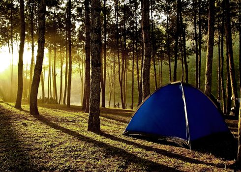 People to extend a tent on the hill to watch sunset.