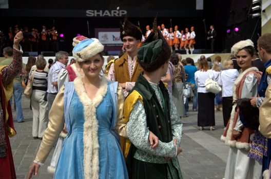 WROCLAW, POLAND - JUNE 15:  Members of Folk Dance group "Jedliniok" visit Euro 2012 fanzone on June 15, 2012 in Wroclaw.  
