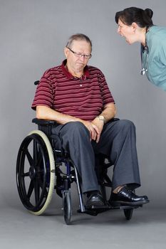 Elder abuse concept: senior man with head down in a wheelchair as a crazy nurse or other health care worker is yelling at him