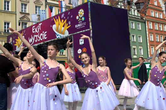 WROCLAW, POLAND - JUNE 15:  Unidentified group of young ballet dancers visit Euro 2012 fanzone on June 15, 2012 in Wroclaw.  