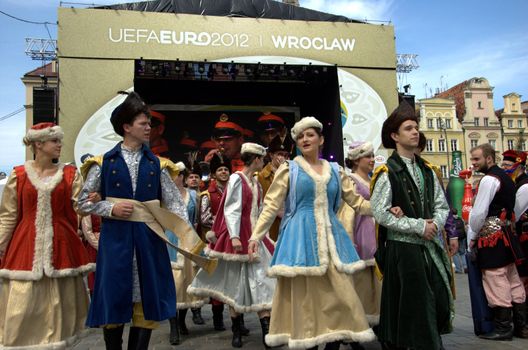 WROCLAW, POLAND - JUNE 15:  Members of Folk Dance group "Jedliniok" visit Euro 2012 fanzone on June 15, 2012 in Wroclaw.  