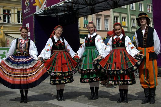 WROCLAW, POLAND - JUNE 15:  Members of Folk Dance group "Wroclaw" in traditional Polish uniforms on June 15, 2012 in Wroclaw.  