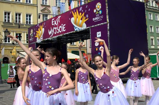 WROCLAW, POLAND - JUNE 15:  Unidentified group of young ballet dancers visit Euro 2012 fanzone on June 15, 2012 in Wroclaw.  