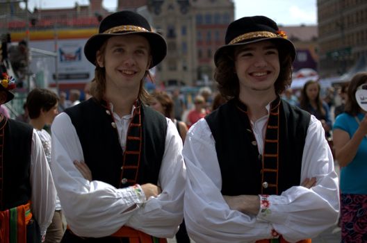 WROCLAW, POLAND - JUNE 15:  Members of Folk Dance group "Wroclaw" visit Euro 2012 fanzone on June 15, 2012 in Wroclaw.  