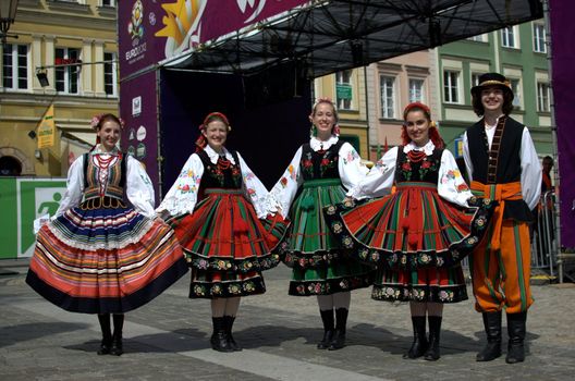 WROCLAW, POLAND - JUNE 15:  Members of Folk Dance group "Wroclaw" visit Euro 2012 fanzone on June 15, 2012 in Wroclaw.  