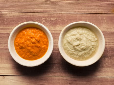 close up of bowls of indian chutneys