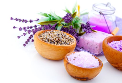 dry Lavender herbs and bath salt isolated on white background