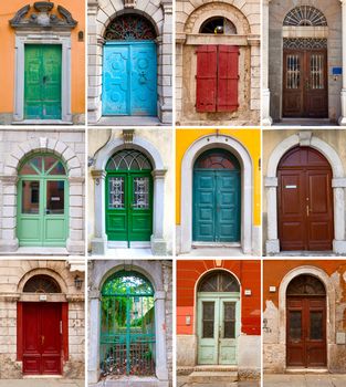A photo collage of colourful front doors to houses and homes