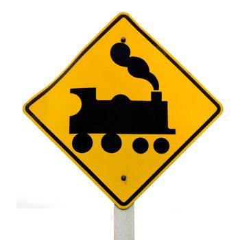 Railroad Crossing Roadsign, no barrier or gate ahead on road, beware of train steam engine locomotive signage road sign on signpost pole isolated on white background