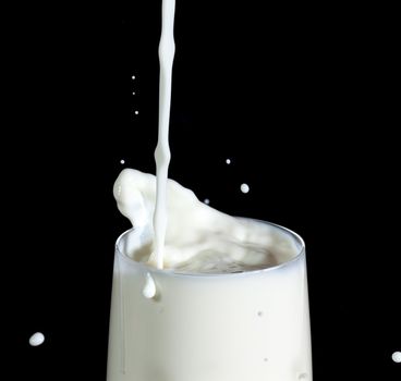 Pouring Milk in Glass, on black background