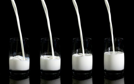 Collage of Pouring Milk in Glass, on black background