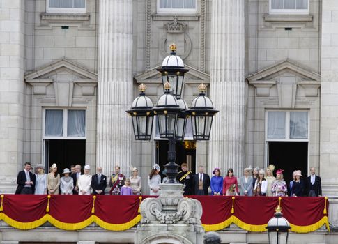 LONDON, UK - June 16: The Royal Family appears on Buckingham Palace balcony during Trooping the Colour ceremony, on June 16, 2012 in London. Trooping the Colour takes place every year in June to officialy celebrate the sovereign birthday.