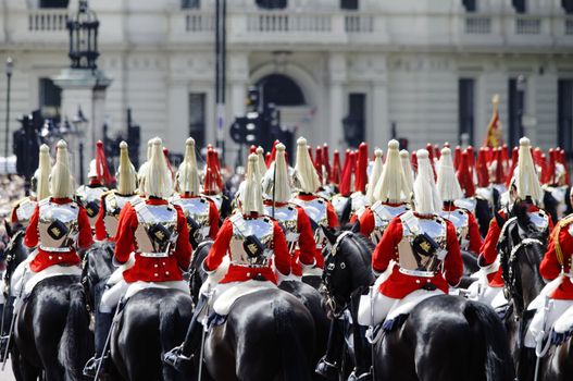 LONDON, UK - June 16: Trooping the Colour ceremony on the Mall and at Buckingham Palace, on June 16, 2012 in London. Trooping the Colour takes place every year in June to officialy celebrate the sovereign birthday.