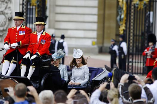 LONDON, UK - June 16: The Duchess of Cambridge and the Duchess of Cornwall during Trooping the Colour ceremony, on June 16, 2012 in London. Trooping the Colour which takes place every year in June to officialy celebrate the sovereign birthday.