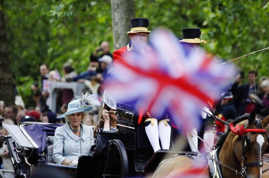 LONDON, UK - June 16: Trooping the Colour ceremony on the Mall and at Buckingham Palace, on June 16, 2012 in London. Trooping the Colour takes place every year in June to officialy celebrate the sovereign birthday.