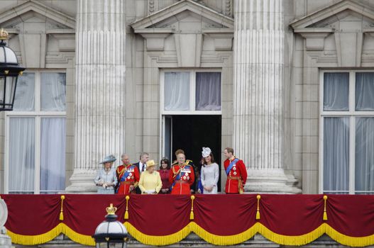 LONDON, UK - June 16: The Royal Family appears on Buckingham Palace balcony during Trooping the Colour ceremony, on June 16, 2012 in London. Trooping the Colour takes place every year in June to officialy celebrate the sovereign birthday.