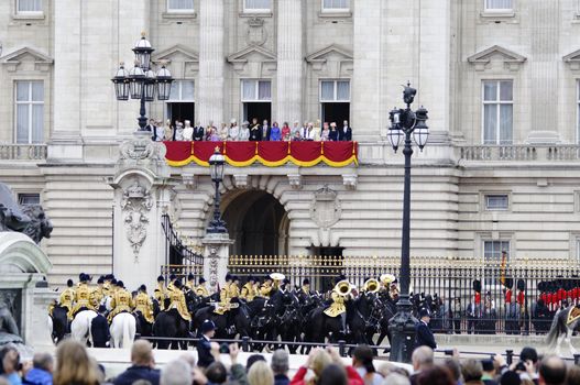 LONDON, UK - June 16: The Royal Family appears on Buckingham Palace balcony during Trooping the Colour ceremony, on June 16, 2012 in London. Trooping the Colour takes place every year in June to officialy celebrate the sovereign birthday.