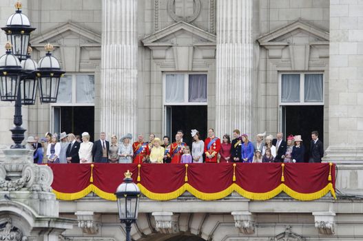 LONDON, UK - June 16: The Royal Family appears on Buckingham Palace balcony during Trooping the Colour ceremony, on June 16, 2012 in London. Trooping the Colour takes place every year in June to officialy celebrate the sovereign birthday.