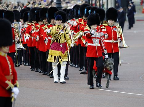 LONDON, UK - June 16: Trooping the Colour ceremony on the Mall and at Buckingham Palace, on June 16, 2012 in London. Trooping the Colour takes place every year in June to officialy celebrate the sovereign birthday.