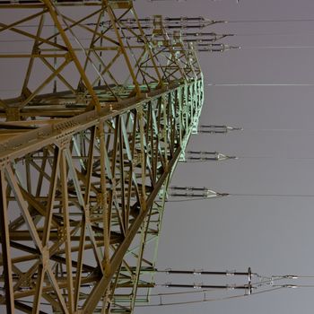 Pylon of high-voltage transmission line at night.