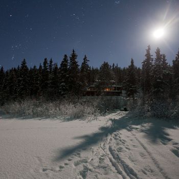 Moon shining over Christmas cabin in the woods between snow covered spruce trees.