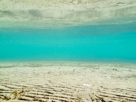 Sandy bottom of shallow blue-green water is mirrored on calm surface.