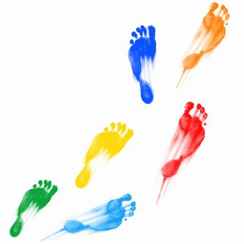 Colourful human foot prints on white background