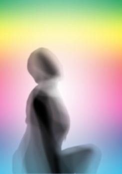 Image with a blurred female silhouette against colour background