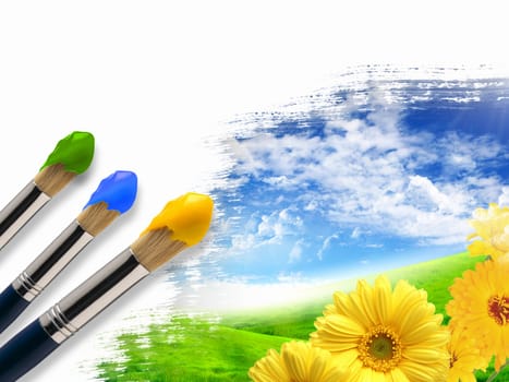 Picture of sunny nature landscape and brushes