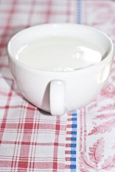 Cup of milk on the table .