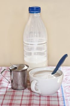 Plastic bottle and cup with capuchin on the table.