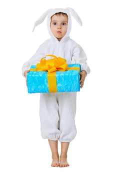 Funny boy dressed as a rabbit with a gift in the hands isolated on white background