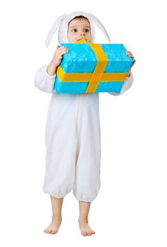 A child with a gift. The costume is a white rabbit. isolated on white background