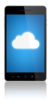 Cloud computing connection on modern mobile smart phone. Conceptual image. Isolated on white.