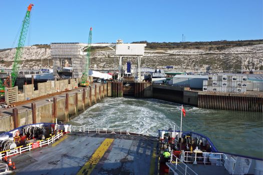 Ferry Boat just leaving Dover Port in United Kingdom on the way to France. 