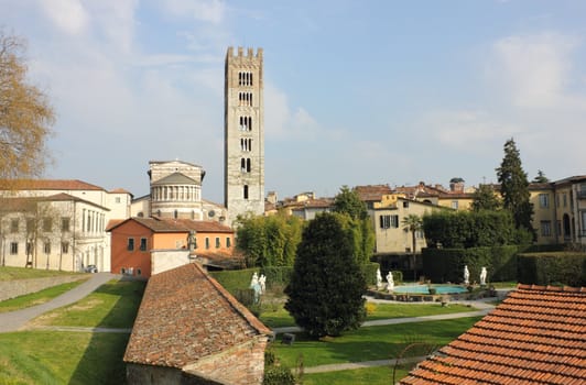 Basilica di San Frediano with palazzo Pfanner gardens in Lucca, Italy