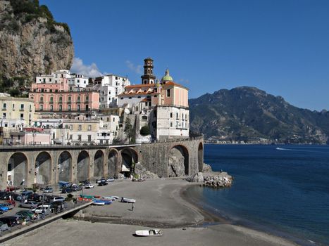 View of the Atrani beach in a summer day. Italy, Amalfi coast.