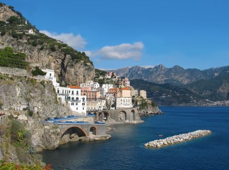 Panoramic view of village Atrani on costiera Amalfina in Sorrento area.