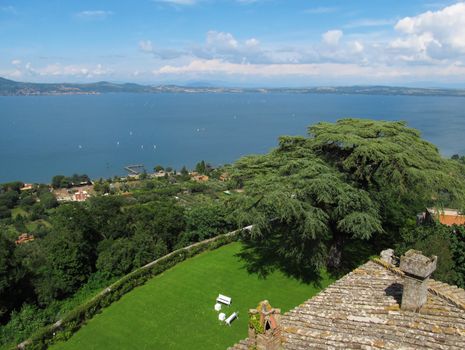 Panoramic view of Lake Bracciano from the castle wall of Castello Orsini-Odescalchi.                               