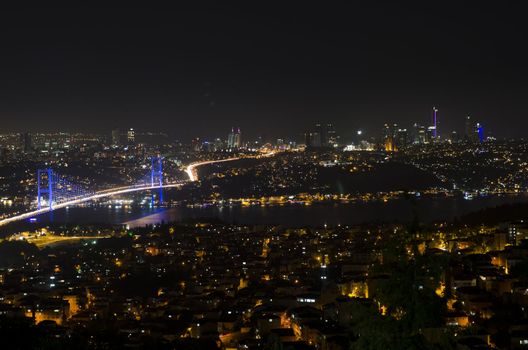 The night view of Bosphorus Bridge seem from camlıca illuminated by purple  led light in Istanbul