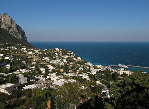 Panoramic view from city of Capri toward beautiful Marina Grande on island Capri.     