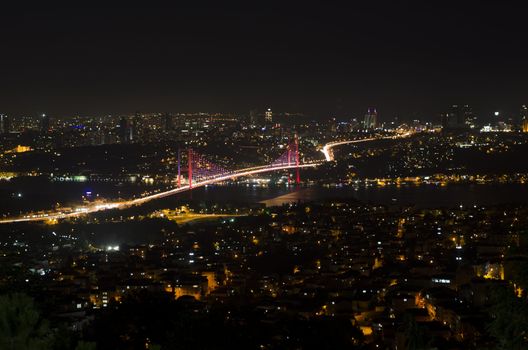 The night view of Bosphorus Bridge seem from camlıca illuminated by purple LED light in Istanbul