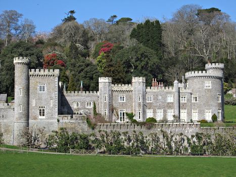 View of Caerhays Castle in Cornwall, South England.