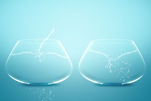 Empty Two fishbowls with water in front of blue background.