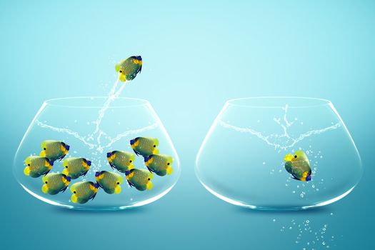 Anglefish jumping to Big bowl, Good Concept for new life, Big Opprtunity, Ambition and challenge concept.