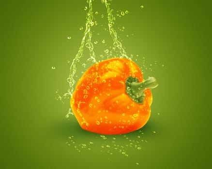 Fresh orange bell pepper with water splashes on green background.