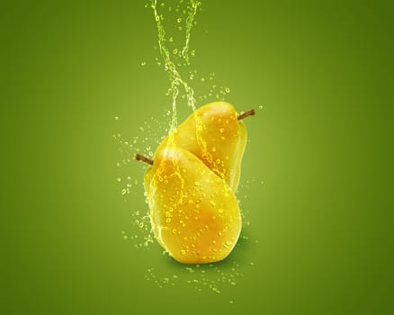 Fresh Pear with water splashes on green background.